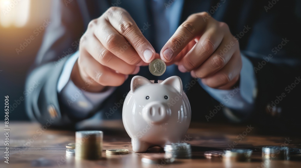 Poster hands of a businessman dropping coins into a piggy bank with precision, demonstrating the importance