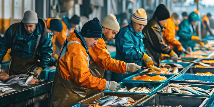 Workers at the fish market meticulously process and sort fresh fish to ensure topquality seafood in a bustling warehouse, adhering to industry standards of the seafood market