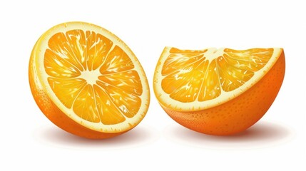 Fototapeta premium Fresh orange citrus fruits isolated on white background featuring two whole oranges, one cut in half, and one orange slice perfect for healthy diet and nutrition concepts