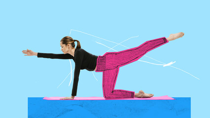 Poster. Contemporary art collage. Drawing artwork. Fit woman doing exercises dressed sketched...