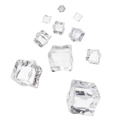 Many ice cubes in air on white background