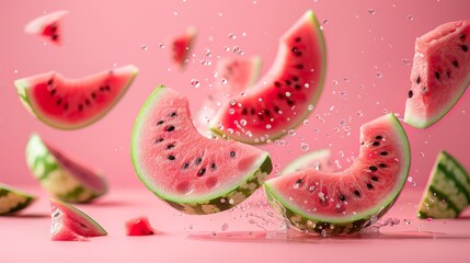 Slices of watermelon levitating in a colorful pastel dreamscape.