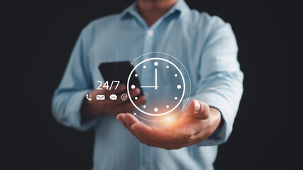 work 24 hour and 7 day icon virtual screen hologram, 24 hour open, 24 hour payment online banking, shopping, transaction online service server cloud running.