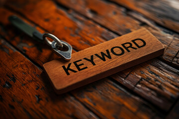 Wooden keychain labeled KEYWORD on rustic wooden background. Perfect for SEO concepts and keyword-related themes in marketing.