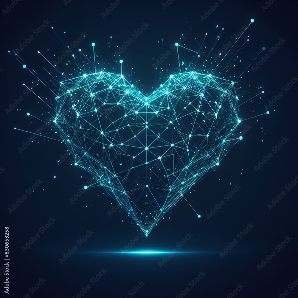 Poster a digital network forming a luminous heart shape, symbolizing connectivity and technology in a blue 