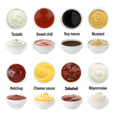 Set of different sauces in bowls and names isolated on white, top and side views