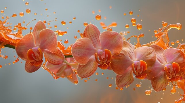 pot with orchids and splashes turning into spheres