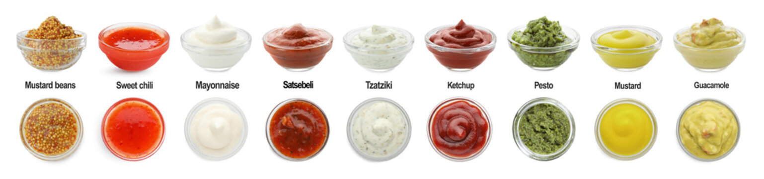 Set of different sauces in bowls and names isolated on white, top and side views