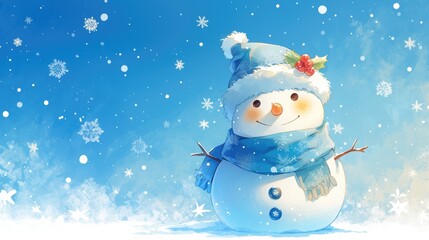 Design of a snowman for Christmas featuring a stylish blue shawl