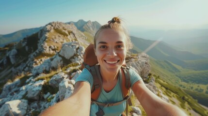 Naklejka premium Thrilling mountain summit selfie: Social media influencer celebrates. Breathtaking mountain scenery, panoramic views, and diverse landscapes.