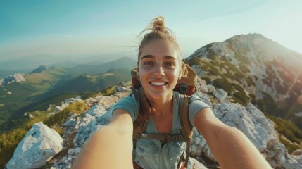 Naklejka premium Thrilling mountain summit selfie: Social media influencer celebrates. Breathtaking mountain scenery, panoramic views, and diverse landscapes.