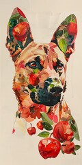 A dog with a coat patterned like an apple, in watercolor