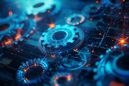 interconnected gears and cogs It symbolizes the complex and interdependent mechanisms of business analysis and data processing.