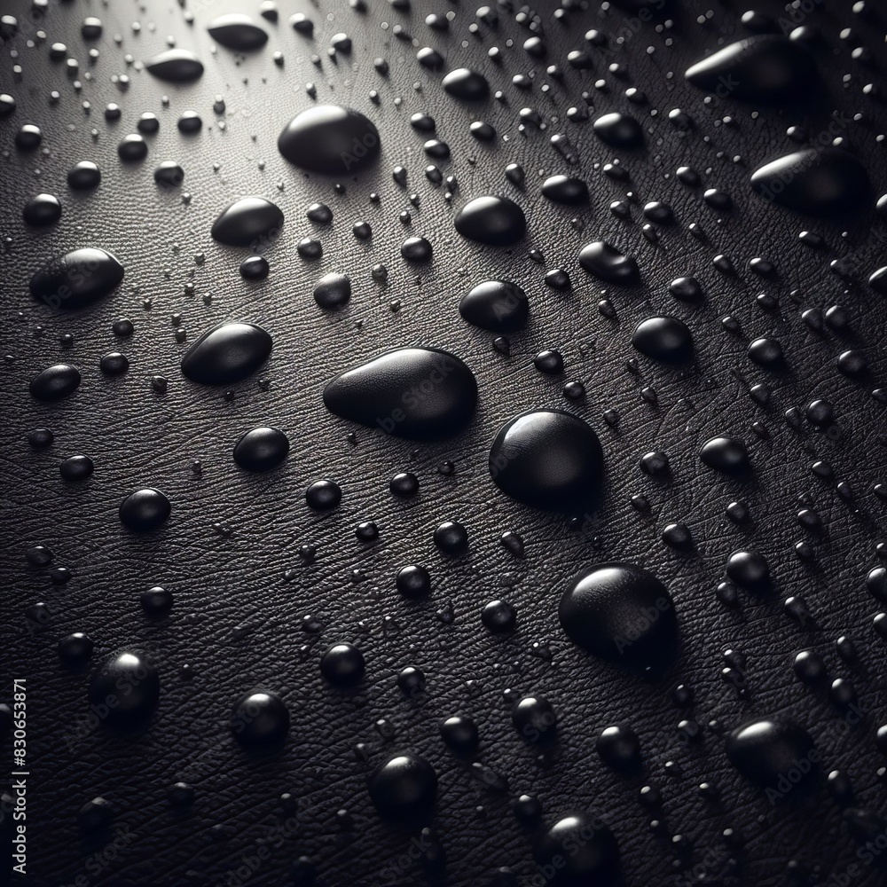 Poster close-up of water drops on a dark, textured surface, capturing reflections and intricate details.. a