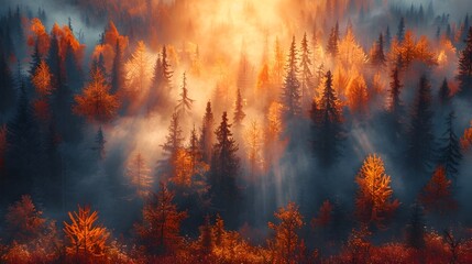 First Rays of Sunrise Ethereally Illuminate Autumn Forest