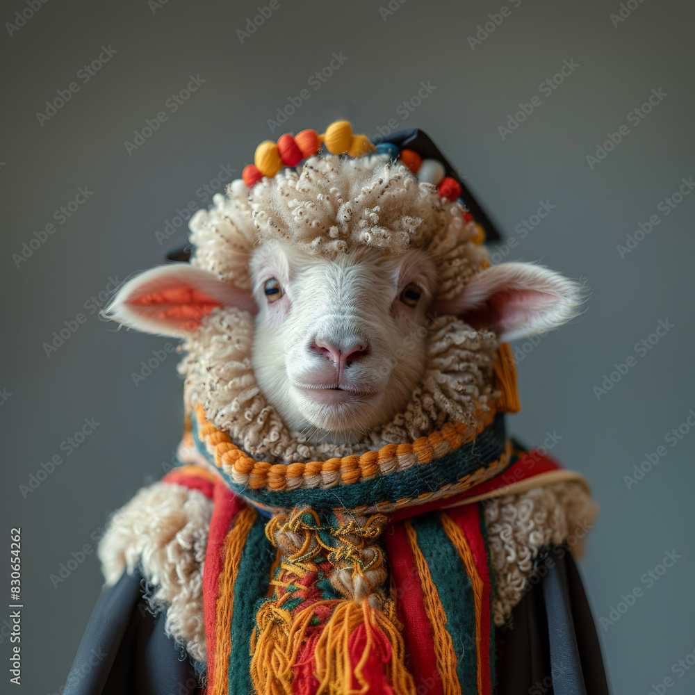 Wall mural Sheep elegant graduation outfit, knitted accessories, hat background. Graduate achievement concept - Wall murals