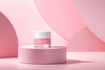 There is a mock-up of a cosmetic jar on the podium. Skin care products, face cream and others. This is an ideal solution for advertising cosmetic products. Skin care. Layout. Copy space. Banner