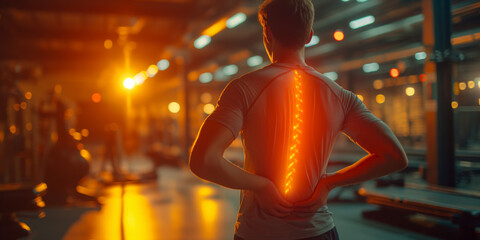 Man with back pain highlighted in red at gym, symbolizing injury or muscle strain. Fitness, health, and wellness concept.