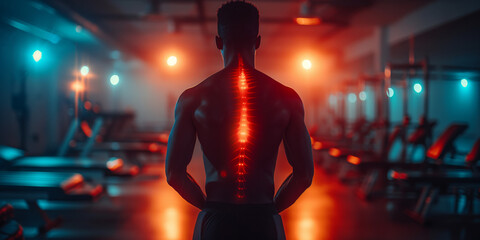 Athletic man in gym with glowing spine, backlit by vibrant lights. Concept of fitness, strength, and health. Modern gym interior.