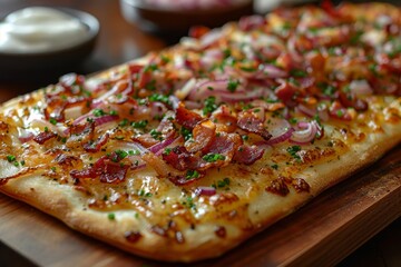 Flammkuchen - Thin flatbread with creme fraeche, onions, and bacon. 