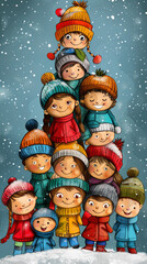 Cheerful Children in Colorful Winter Attire Enjoying Snowfall