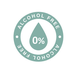 Alcohol free icon. Don't contain alcohol symbol. Zero percent tag. Drop symbol. Health cosmetic product. 0 percent icon. Design infographic element. Vector illustration isolated on white background.
