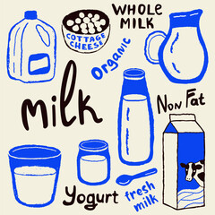 Dairy doodle vector illustration set. Milk package and utensils drawings.
