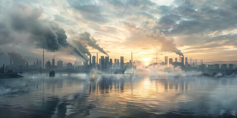 Naklejka premium A smoky cityscape with polluted skies and a sunset reflected in water, depicting environmental degradation