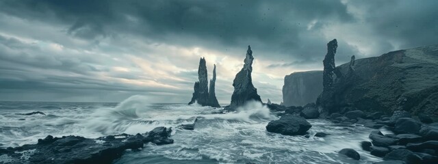 A rocky coastline with crashing waves and sea stacks standing tall against a stormy sky. - Powered by Adobe