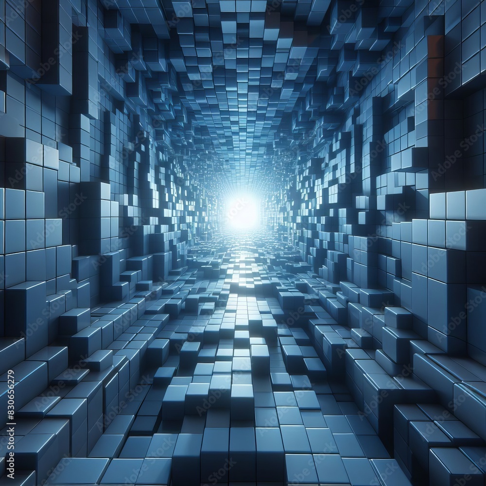 Poster an abstract conceptual image of a 3d structure made of blue cubes leading towards a bright light, sy