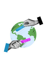 Vertical collage creative poster two people arms take care our planet support sick treatment...