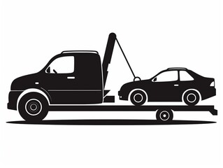 A black and white silhouette of a tow truck towing a car on a flatbed. The image is simple and clear, showing the side view of both vehicles.