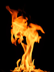 fire on a black background, burning and hot flames, close view