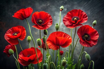 Fototapeta premium Close-up. Bright red poppy flowers on a dark background.