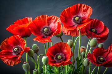 Obraz premium Close-up. Bright red poppy flowers on a dark background.