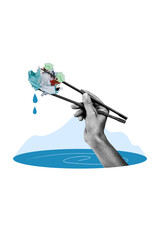 Vertical collage picture illustration black white effect arm remove garbage chinese chopsticks...