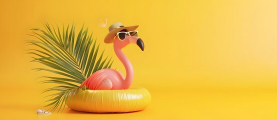 Obraz premium 3D render cute flamingo with sunglasses and hat on inflatable ring