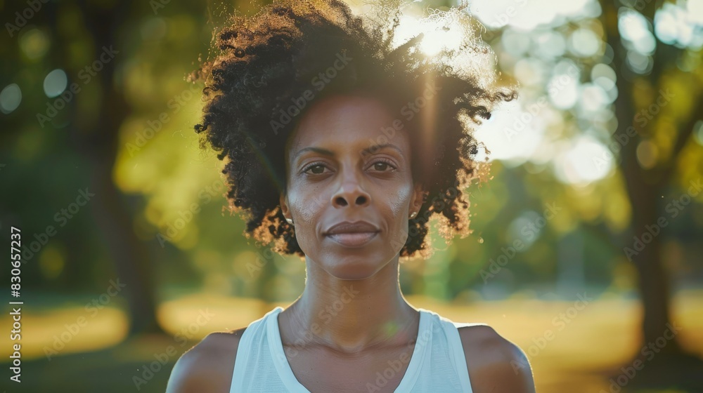 Wall mural Black afro american woman in her 40s wearing white shirt top exercising outdoor looking directly at the camera.