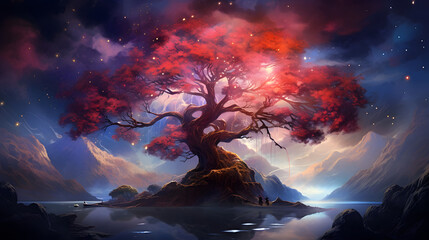 Obraz premium digital cherry blossom tree in the universe graphics poster PPT background