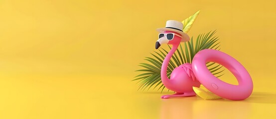 Obraz premium Cute Flamingo with Sunglasses and Hat on Inflatable Ring
