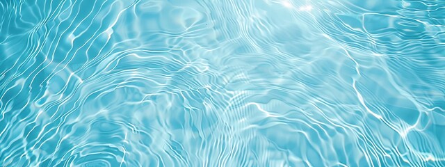 Transparent blue clear water surface texture with ripples, splashes and bubbles. Abstract summer banner background Water waves in sunlight with copy space Cosmetic moisturizer micellar toner emulsion