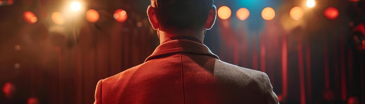 An actor in a comedy scene, close up, sitcom theme, realistic, blend mode, TV studio backdrop