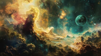 Fototapeta premium Celestial bodies and nebulous shapes form otherworldly landscape background
