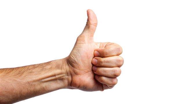 A hand with a thumb extended upwards in a gesture of approval