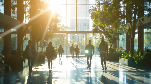 Blurred background of people walking in a modern office building with green trees and sunlight, eco friendly and ecological responsible business concept image with copy space.