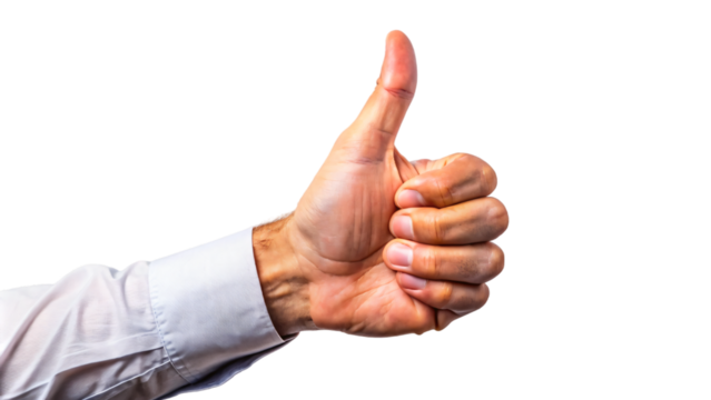 A hand with a thumb pointing up in a positive gesture signifying approval or success