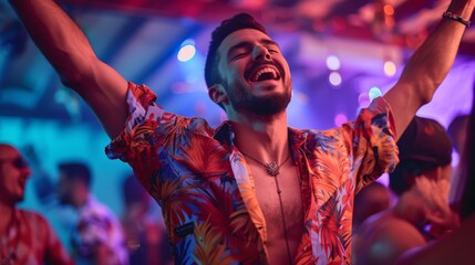 Handsome young gay man in a gay club dancing.