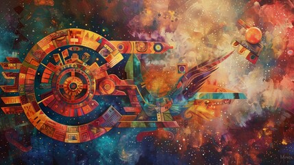 Fototapeta premium Abstract Aztec and Mayan symbols against cosmic backdrop of celestial bodies background