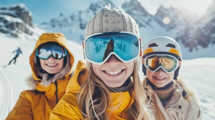 Happy mother and two children family at ski resort on winter time with snow mountain background.