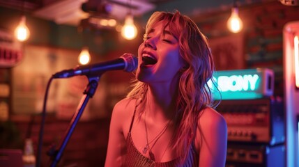 Young woman singing at karaoke in a bar.